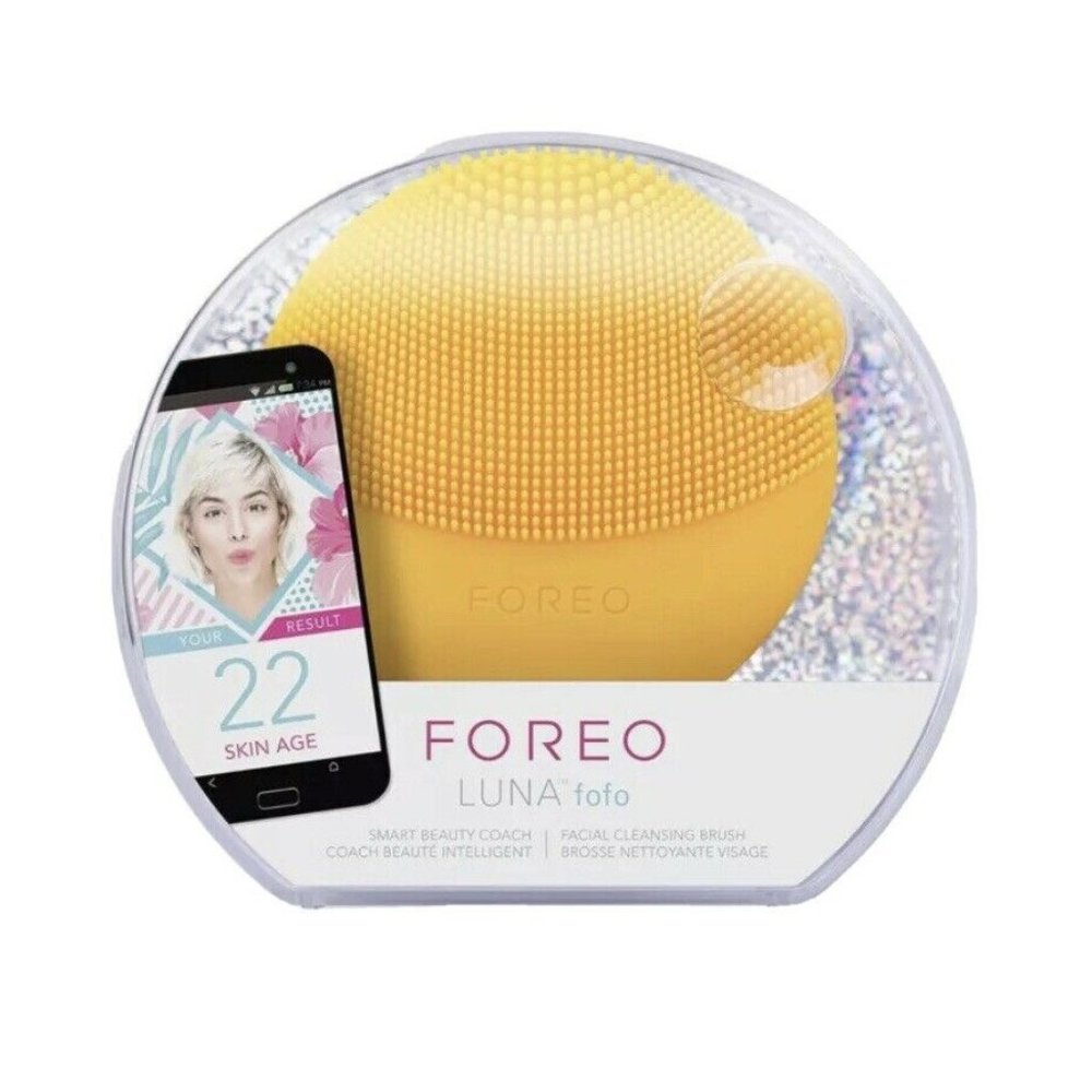 FOREO LUNA FOFO Smart Facial Cleansing Brush Massager Yellow Open Cracked Box